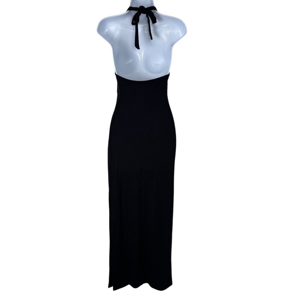 L*Space Black Bodycon Tie Halter Dress Size SM Maxi Ribbed Stretchy Casual LBD - Picture 7 of 12